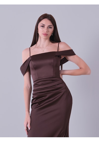 Feminist Kahve İp Askılı Straplez Saten Abiye Elbise 9705903 Kahverengi