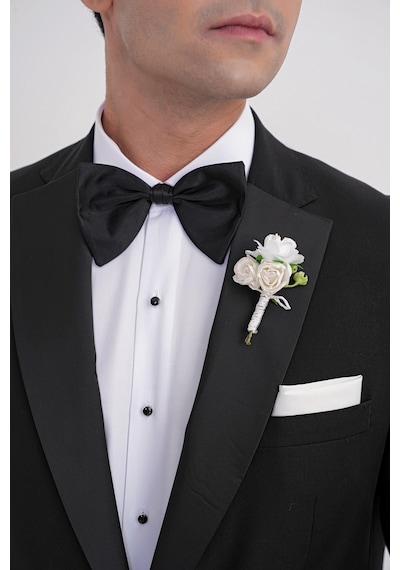 Slim Fit Fleto Cep Çıkarılabilir Saten Yaka Düz Siyah Damatlık Smokin Takım Altro 032 Siyah