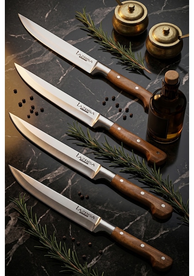 Lazbisa Mtf-070 Hand Craft Mutfak Bıçak Seti Et Ekmek Sebze Meyve Doğrama Bıçağı 4 Lü Günlük Kullanım Kahverengi