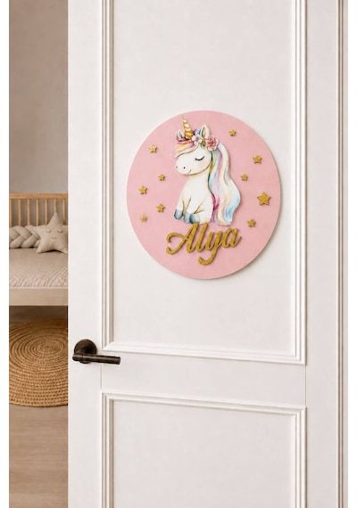 Ahşap Unicorn İsme Özel Pilli Ledli Gece Lambası Ve Unicorn Ahşap Kapı Süsü Seti Bebek Çocuk Odası Pembe