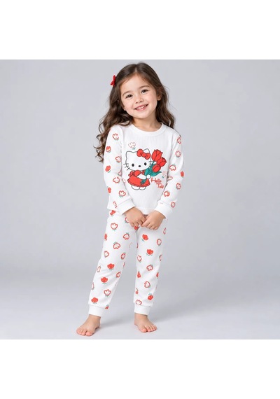 Polifoni Kız Çocuk Kedi Figürlü Pijama Takımı Beyaz