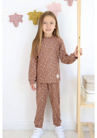 Kız Çocuk Orta Kalınlıkta Baskılı Pijama Takımı Kahverengi