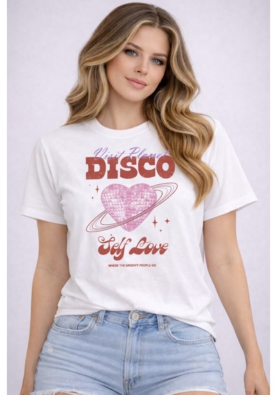Herkesemoda Disco Self Love Baskı Detaylı Basic T-shirt Beyaz