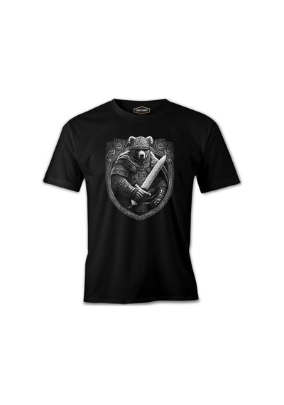 Bear Dressed As A Viking With A Sword Siyah Erkek Tshirt 001
