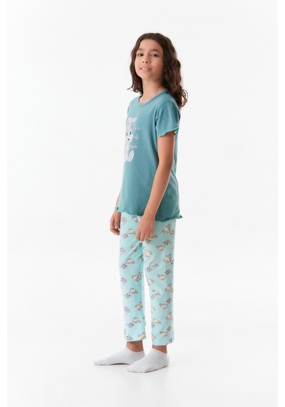 Fullamoda Tavşan Baskılı Kız Çocuk Pijama Takımı 24mıcg631212236-mavi 24MICG631212236-Mavi