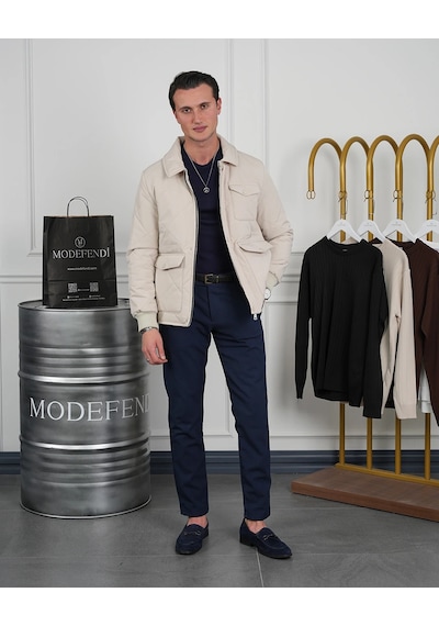 Modefendi Slim Fit Baklava Desen Torba Cep Dolum Elyaf Mont Krem