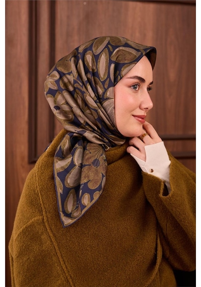 Silk Home Twill İpek Eşarp Lacivert Yeşil Vizon Papatya Desenli Tok Duruşlu 90x90 Çok Renkli