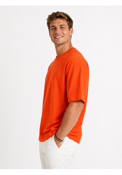 Vasto Moda Erkek Oversize Kalın Dokulu %100 Organik Pamuk Bisiklet Ribana Yakalı Turuncu T-shirt