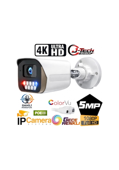 J-tech Jt-112 5mp Poe Sesli Ip Bullet Metal Güvenlik Kamerası Haraket Duyarlı Çakar Led
