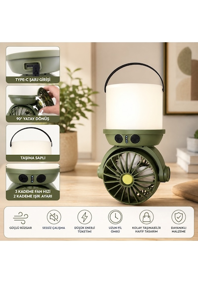 Şarjlı Kamp Fanı Led Lambalı 4000 Mah Powerbank Taşınabilir Vantilatör Ve Kamp Feneri Haki