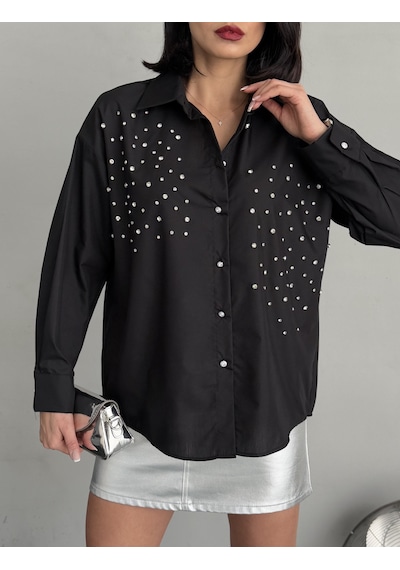 Loısy Kadın Taşlı Premium Kalite Uzun Kollu Oversize Gömlek Siyah