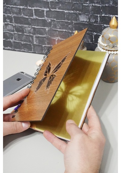 Kelebek Desenli Ahşap Defter - Ajanda - Günlük - Çizgisiz Defter Ahşap Rengi Ceviz