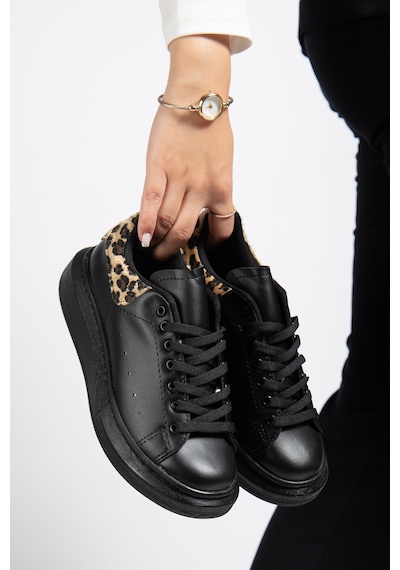 Erceka Günlük Kullanıma Uygun Kadın Sneaker Spor Ayakkabı Bağcıklı Siyah Renkli Leopar Siyah - Leopar