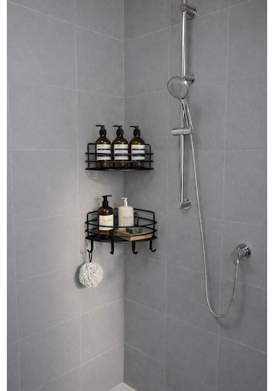 Sas Haus Tek Katlı Köşe Duş Rafı Kancalı Banyo Şampuanlık & Organizer 2 Adet Siyah Tk-01 Siyah