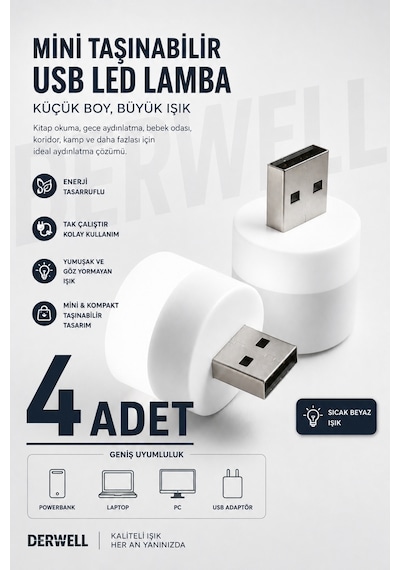 4 Adet Bebek Ve Çocuk Odaları İçin Mini Taşınabilir Usb Led Lamba Powerbank Laptop Pc Uyumlu Tak Çalıştır Mikro Gece Aydınlatma Lambası Bebek Odası Koridor Kamp Için Yuvarlak Küçük Kompakt Ampul
