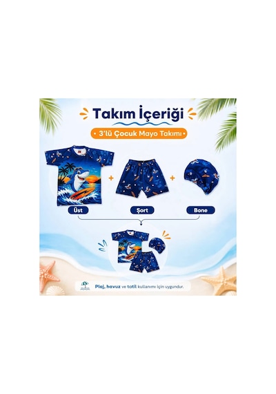 Rony Pony Kids Erkek Çocuk Köpek Balığı Desenli 3 Lü Mayo Takımı Deniz Şortu Tişört Bone Seti Lacivert Rony Pony Kids Erkek Çocuk Köpek Balığı Desenli 3 Lü Mayo Takımı Deniz Şortu Tişört Bone Seti Lacivert