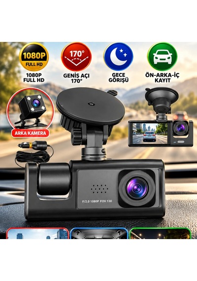 3 Kameralı Araç İçi Kamera 1080p Full Hd Ön Kamera, 170 Geniş Açı, Gece Görüşlü Ön-arka-iç Kayıt