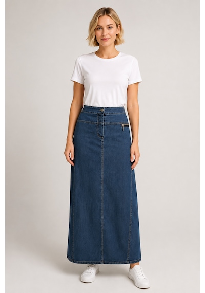 Bihan Store Yüksek Bel Fermuar Detaylı Denim Maxi Etek 7510-mavi