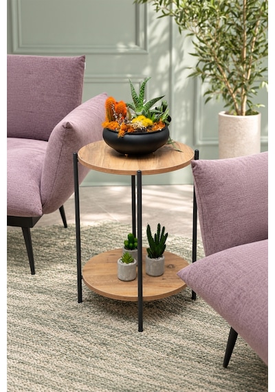 Sehpol Yuvarlak Tablalı İki Raflı Sehpa Q42x60 Cm Antrasit - Atlantik Çam