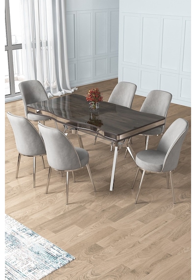 Canisa Prah Serisi 90x160 Lak Panel Antrasit Ironi Krom Ayak Masa Takımı 6 Gri Sandalye Antrasit İroni Masa Gri Sandalye Canisa Prah Serisi 90x160 Lak Panel Antrasit Ironi Krom Ayak Masa Takımı 6 Gri Sandalye Antrasit İroni Masa Gri Sandalye