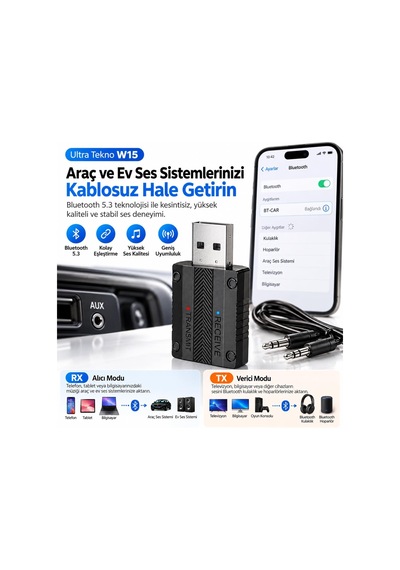 W15 Bluetooth 5.3 Usb Ses Adaptörü Tx/rx