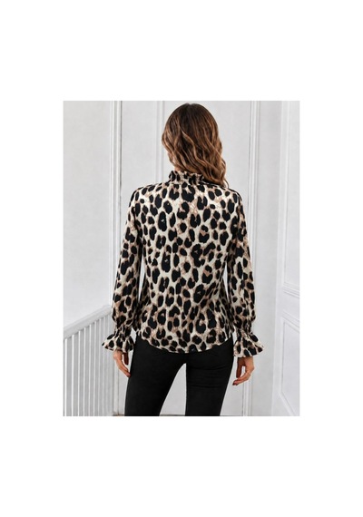 Butik İstanbul Kadın Uzun Kollu Balıkçı Yakalı Desenli Modal Bluz Leopar