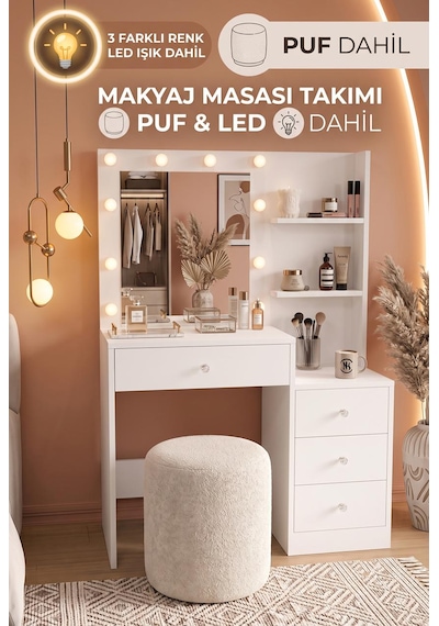 Robin Home Hollywood Led Işıklı Puflu Makyaj Masası Takımı 4 Çekmeceli Düzenleyici Raflı Beyaz Robin Home Hollywood Led Işıklı Puflu Makyaj Masası Takımı 4 Çekmeceli Düzenleyici Raflı Beyaz