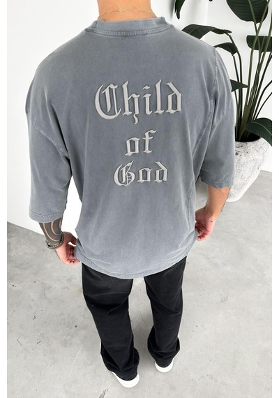Gri Child Nakış Detay Oversize Tişört
