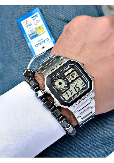 Casio Gümüş Renk Kare Model Dünya Saatli Dijital   Erkek Kol Saati + Bileklik Hediyeli Nda90