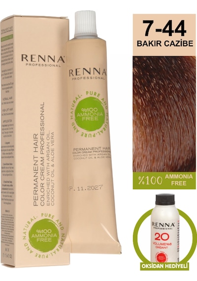 Renna Bitkisel Amonyaksız Saç Boyası 60 Ml 7-44 Bakır Cazibe Oksidan Hediyeli