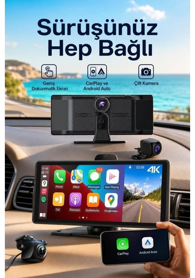 Android Ve İos Uyumlu Dokunmatik Carplay Araç Ekranı, Ön Arka Çift Kameralı