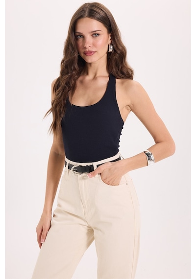 Tudors Kadın Slim Fit Dar Kesim Pamuklu Halter Yaka Kaşkorse Lacivert Crop-50710