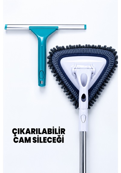 Çıkarılabilir Cam Silecekli Üçgen Cam Mopu - Teleskopik Uzayan Kısalan Sap - Elde Kullanılabilir - Köpüren Püsküllü
