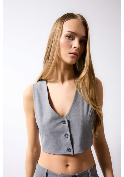 Defacto Crop Blazer Yelek C2574AX24SPGR28 Gri