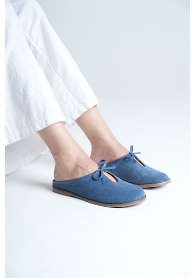 Analin Shoes Kadın Hakiki Deri Fiyonk Detaylı Düz Terlik Mavi