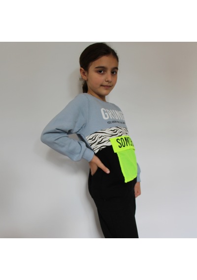 Milenawear by Milena Grunde Nakışlı Bisiklet Yaka Cepli Kalın Kız Çocuk Alt Üst Takım Mavi