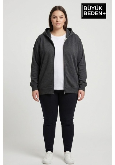 Süperlife Kadın Büyük Beden Fermuarlı Kapüşonlu İnce Sweatshirt Hırka - Rahat Kalıp Spr26bhr960 Antrasit