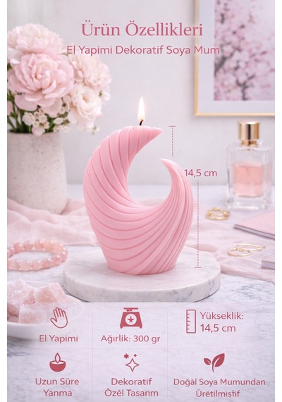 Dekoratif Lüks Soya Mum, El Yapımı Doğal Mum Uzun Yanma Süreli Şık Ev Hediyesi, Ev Süsü Pembe 300 G Pembe