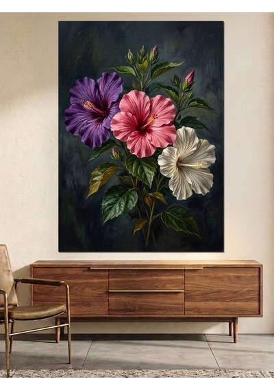 Mor Ve Pembe Hibiskus Üç Çiçek Dekoratif Kanvas - Mdf Ahşap Tablo Çok Renkli