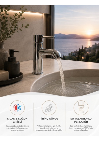 Premium Lüx Pirinç Ağır Gövde Krom Sabit Lavabo Bataryası Çubuk Kollu Çift Su Girişli
