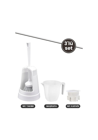 3 Lü Wc Tuvalet Temzilk Seti, Klasik Wc Fırça Takımı + Maşrapa 1,5 Lt + Sessiz Wc Kapağı Seti Beyaz Beyaz