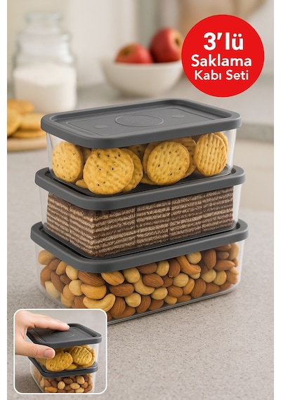 3 Lü Dikdörtgen Trio Saklama Kabı Seti 0.70l 1.0l 1.5l Gri Kapak Diğer