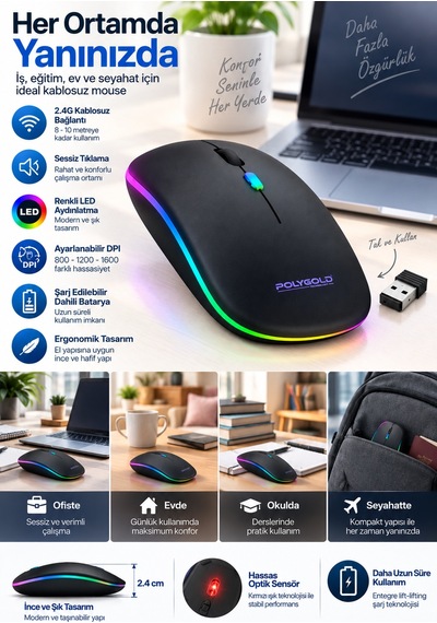 Astraltech Sessiz Tıklama 800 1200 1600 Dpı Ayarlanabilir Mouse Kablosuz