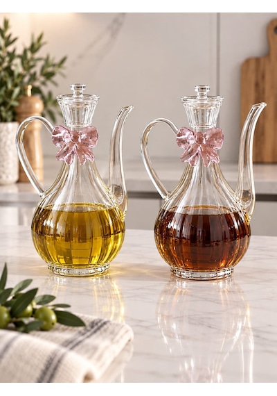 Qerhome Pembe Fiyonk Tasarımlı Borosilikat Cam Glorry Yağlık Veya Sirkelik 750 Ml+750 Ml Çizgili Tasarım Şeffaf