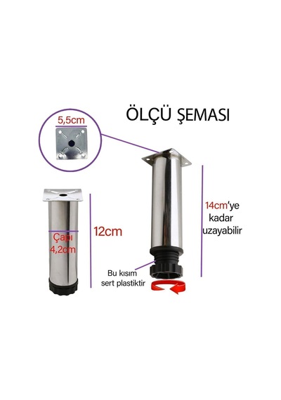 2 Adet Metal Ayarlanabilir 12 Cm Krom Destek Ayak Mobilya Kanepe Baza Koltuk Dolap Sehpa Ünite Ayağı Diğer