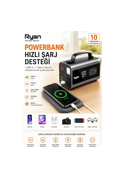 Bagajon Ryan Ry-p10 2000a Süpürgeli Akü Takviye + 150 Psı Lastik Şişirme 10'u 1 Arada Üfleme, Powerbank, Led Fener