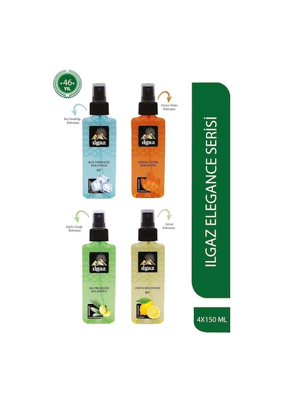 Ilgaz 80 Derece Buz Ferahlığı + Limon + Tütün + Zeytin Çiçeği Kolonyası Sprey 4 x 150 ML
