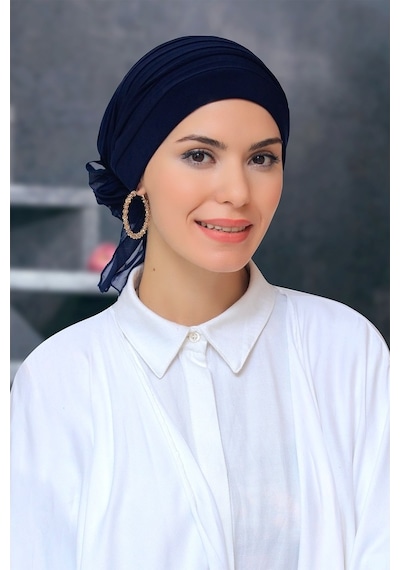 Hürrem Bone Lacivert Pratik Hazır Geçmeli Tesettür Bone Sandy Kumaş Pileli Ne Lacivert