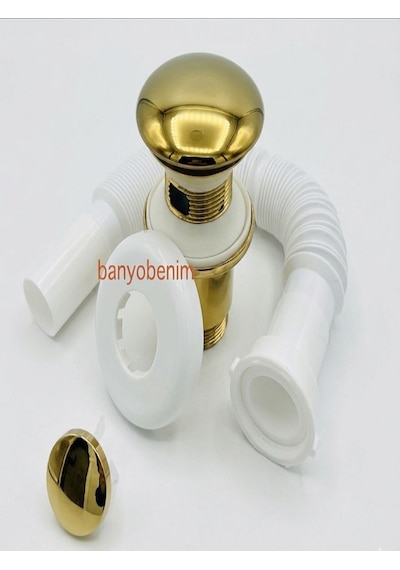Pop Up Sifon Taşma Delikli Porselen Kafa Gold Renk Sifon Ve Gold Renk Lavabo Yüzüğü Lavabo Sifonu