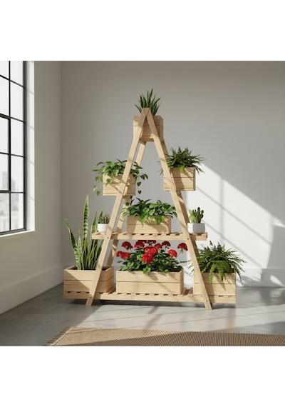 Wooddesign 150x150 Cm Doğal Ahşap A Formlu Çiçeklik Standı - 3 Katlı Büyük Boy Saksılık Bej